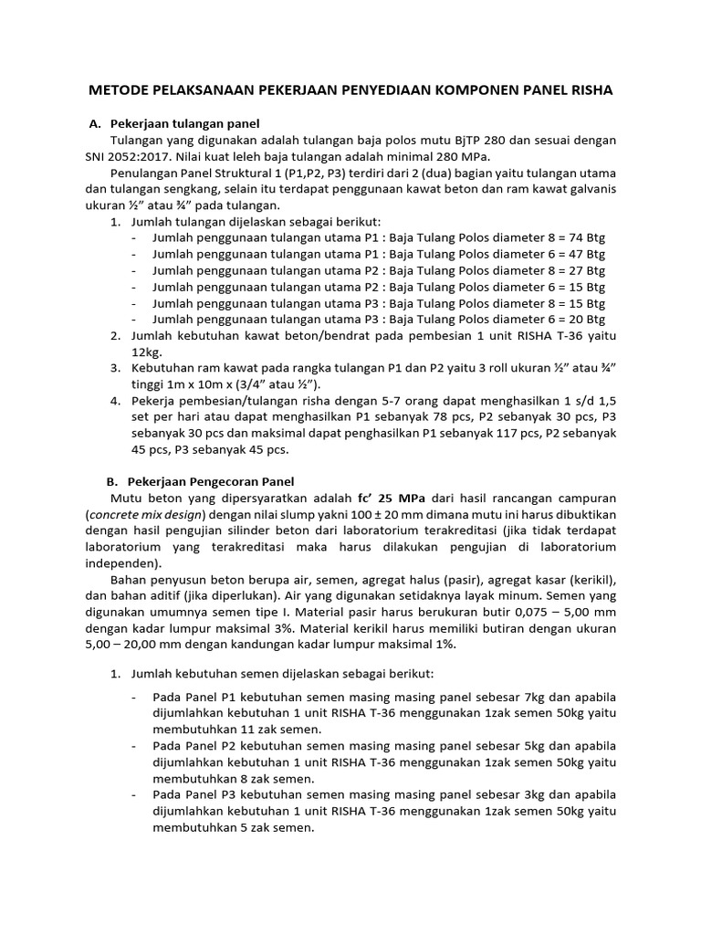 Metode Pelaksanaan Pekerjaan Penyediaan Komponen Panel Risha | PDF
