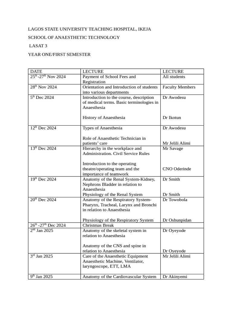 Lasat 3 - First Year First Semester Timetable | PDF | Anesthesia | Medicine
