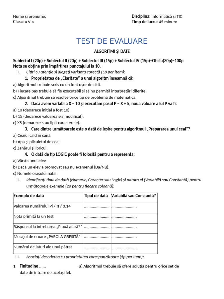 TEST de EVALUARE - Algoritmi V - Fara Exercitii | PDF