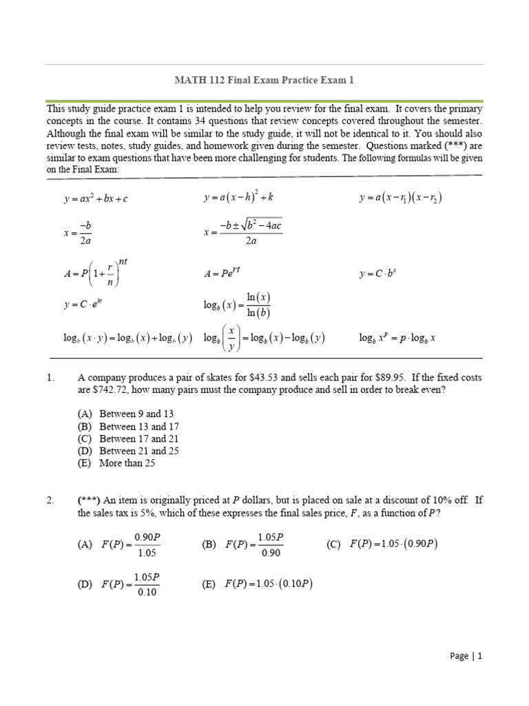FA25 Math 112 Final Exam Practice Exam 1 | PDF | Mathematics ...