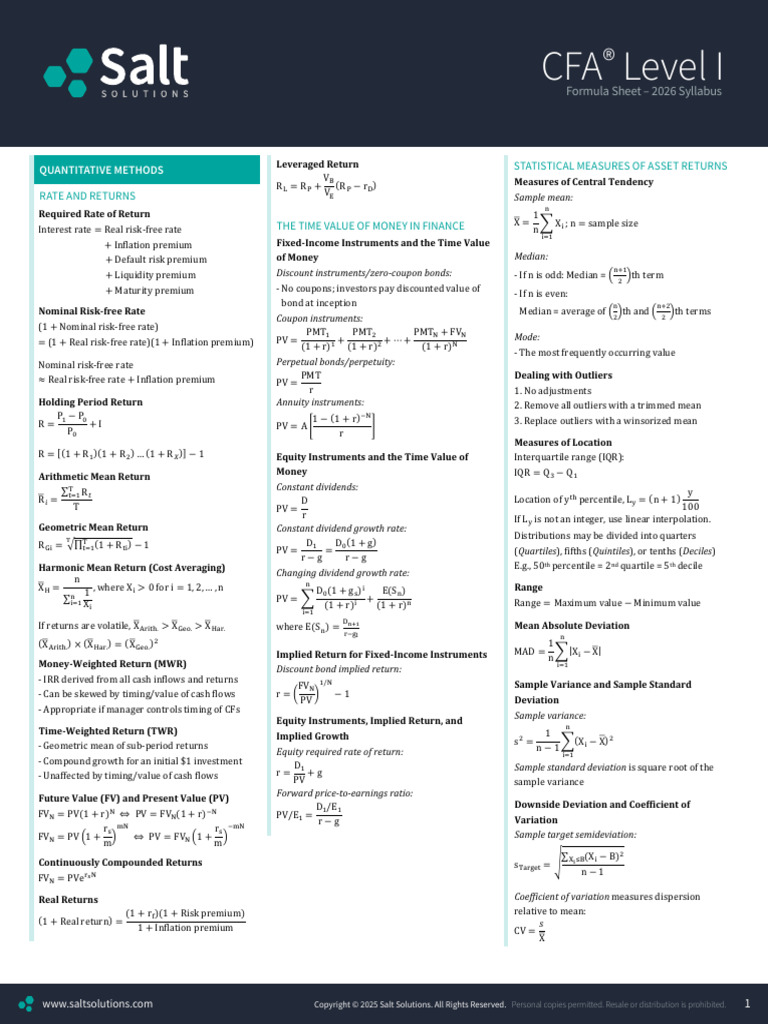 CFA® Level I - The Formula Sheet (2026 Syllabus) | PDF | Errors And ...