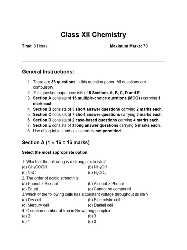 Class XII Chemistry Practice Test | PDF | Fuel Cell | Chemical Reactions