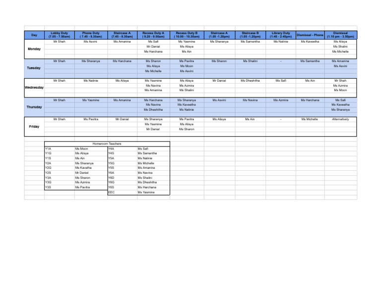 Duty Roster (Term LL) 2025 - 2026 | PDF