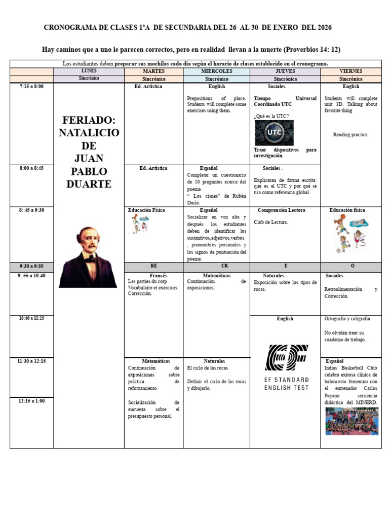 _ Cronograma 1ºa de Secundaria Del 26 Al 30 de Enero Del 2026.Docx (1 ...