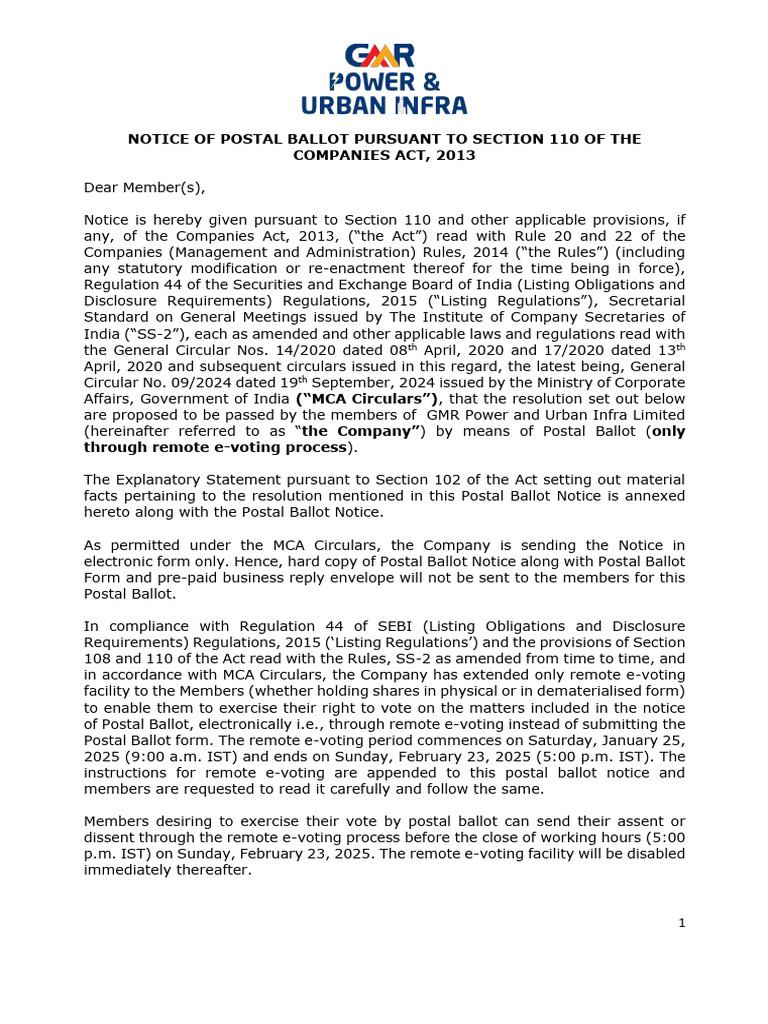 GPUL Notice Postal Ballot | PDF | Electronic Voting | Board Of Directors