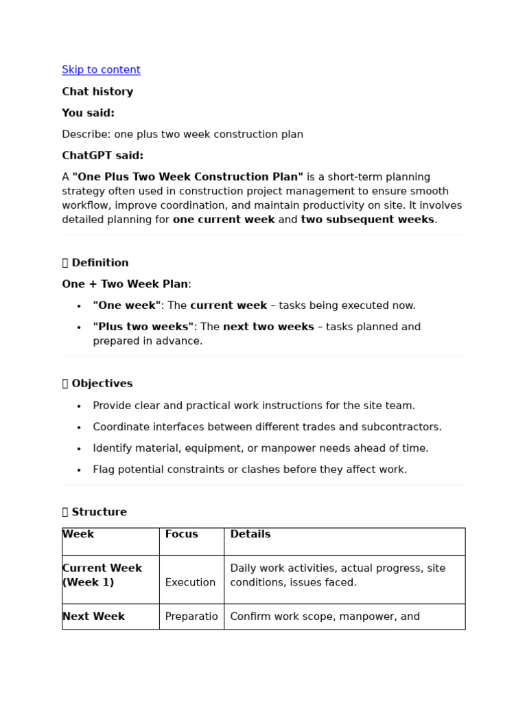 1+2 Week Plan and 4M1E ChatGPT | PDF | Logistics | Software Bug