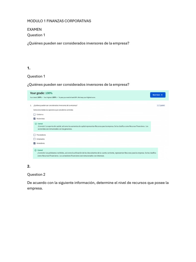 Modulo 1 Finanzas Corporativas Examen | PDF | Capital de trabajo ...