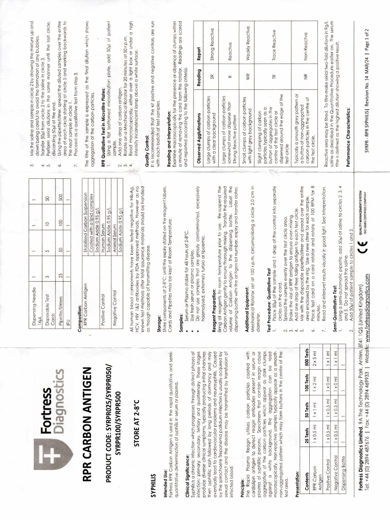 RPR CARBON ANTIGEN (Fortress Diagnostics) (Inserto) | PDF