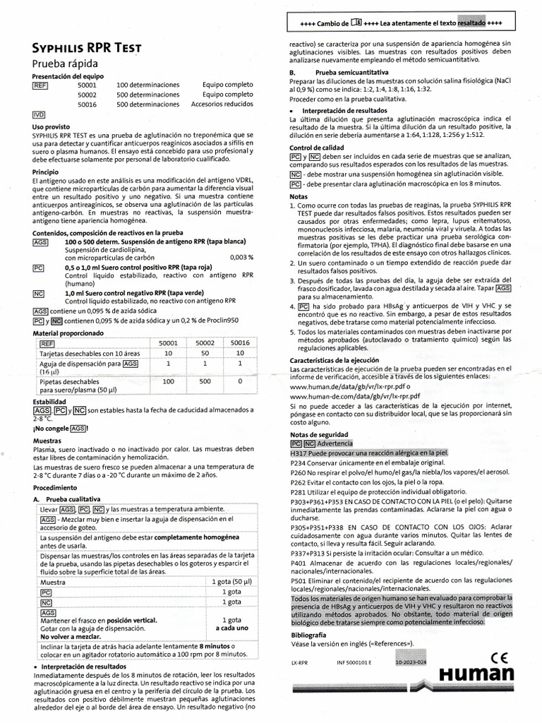 Syphilis RPR Test (Prueba Rapida) (Human) | PDF