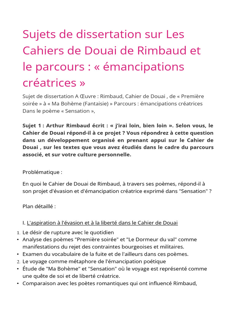 Rimbaud Sujets Dissertations Et Corrections | PDF | Poésie | Arthur Rimbaud