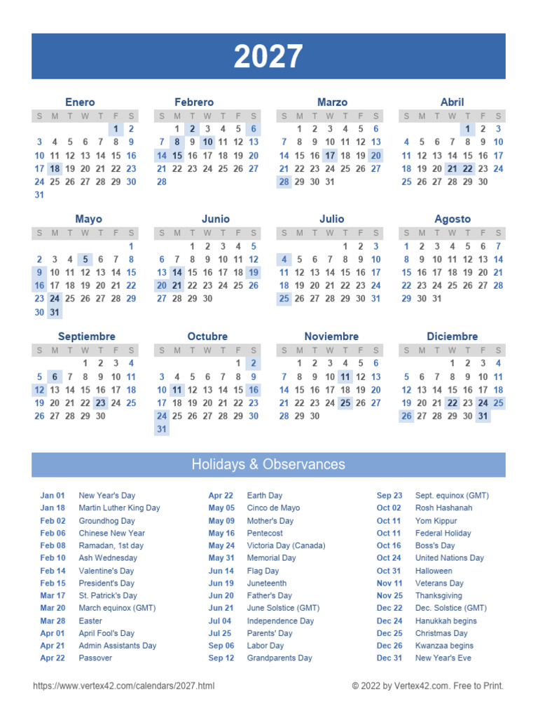 2027 Calendar With Holidays Portrait | PDF | Observances