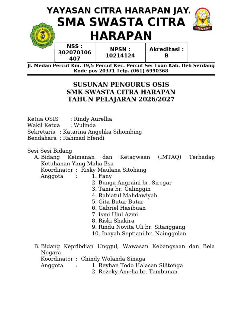 Susunan Pengurus Osis Program Kerja Osis | PDF