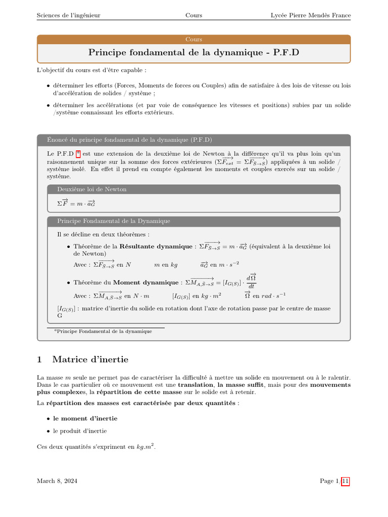 Principe Fondamental de La Dynamique Cours | PDF | Lois du mouvement de ...