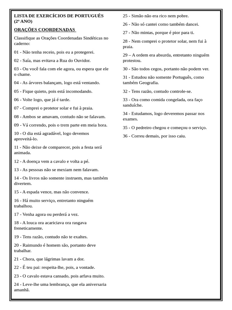 Lista de Exercícios 2º Ano | PDF