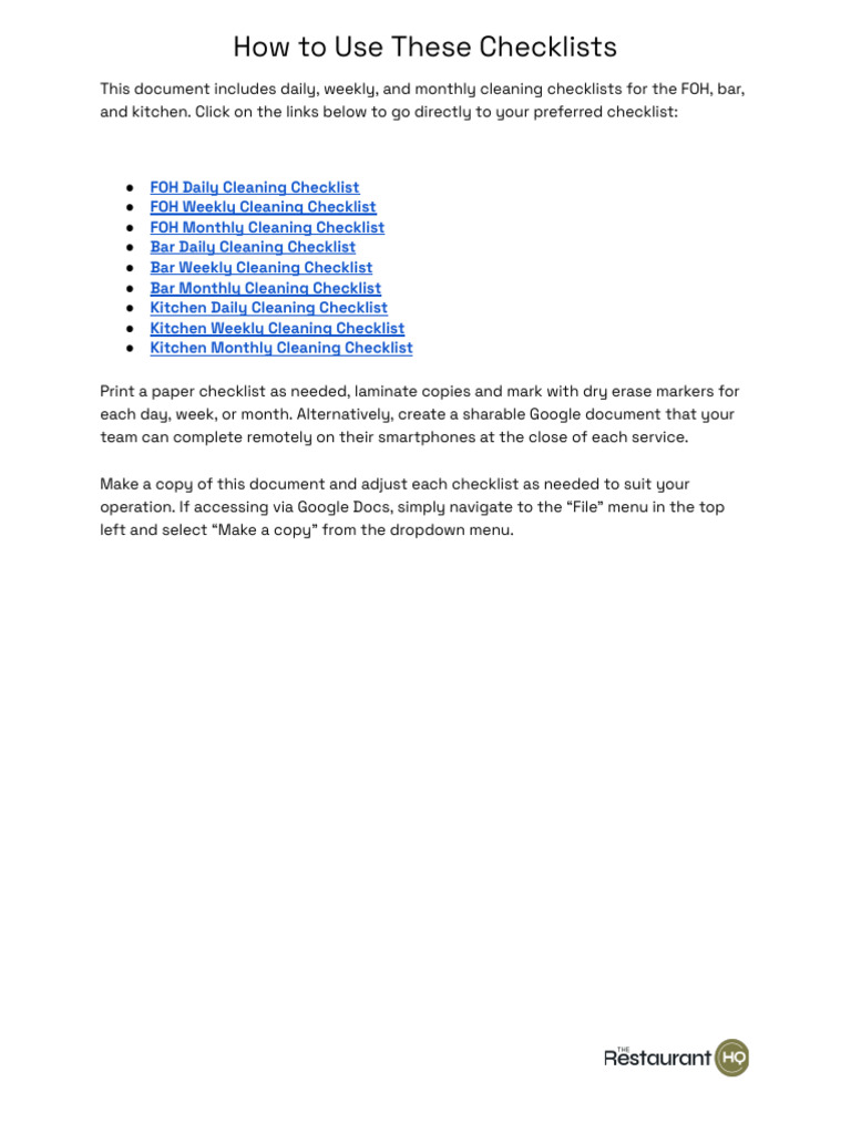 TRHQ Cleaning Tasks Checklist | PDF | Kitchen | Menu