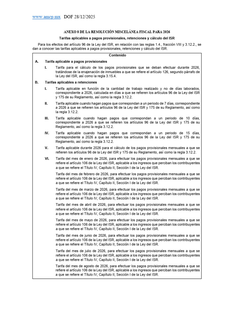 ANEXO 8 2026 (Tarifas ISR) | PDF | Impuesto sobre la renta | Impuestos