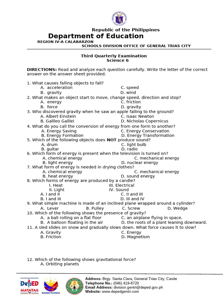 3rd Quarter - Science 6 | PDF | Force | Machines