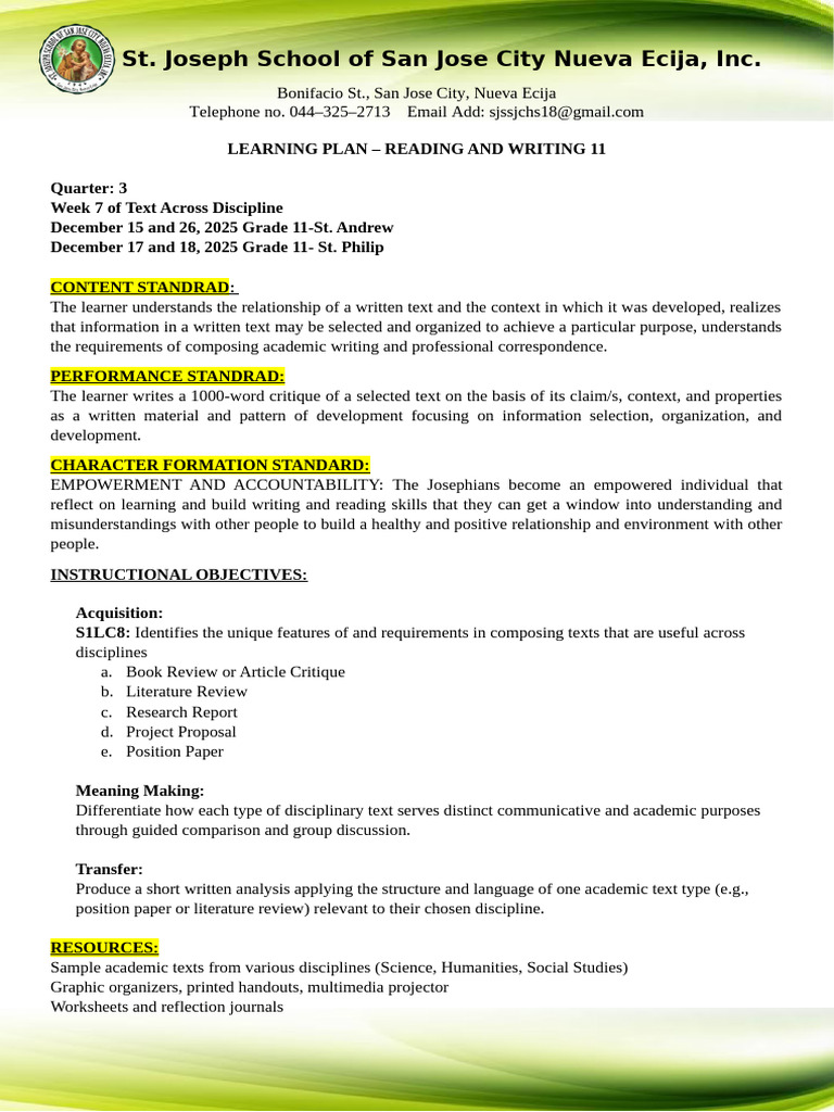 Reading & Writing-W7-Learning Plan | PDF | Learning | Peer Review