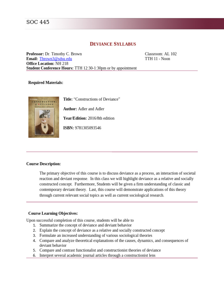 SOC 445 Deviance Syllabus | PDF | Deviance (Sociology) | Plagiarism