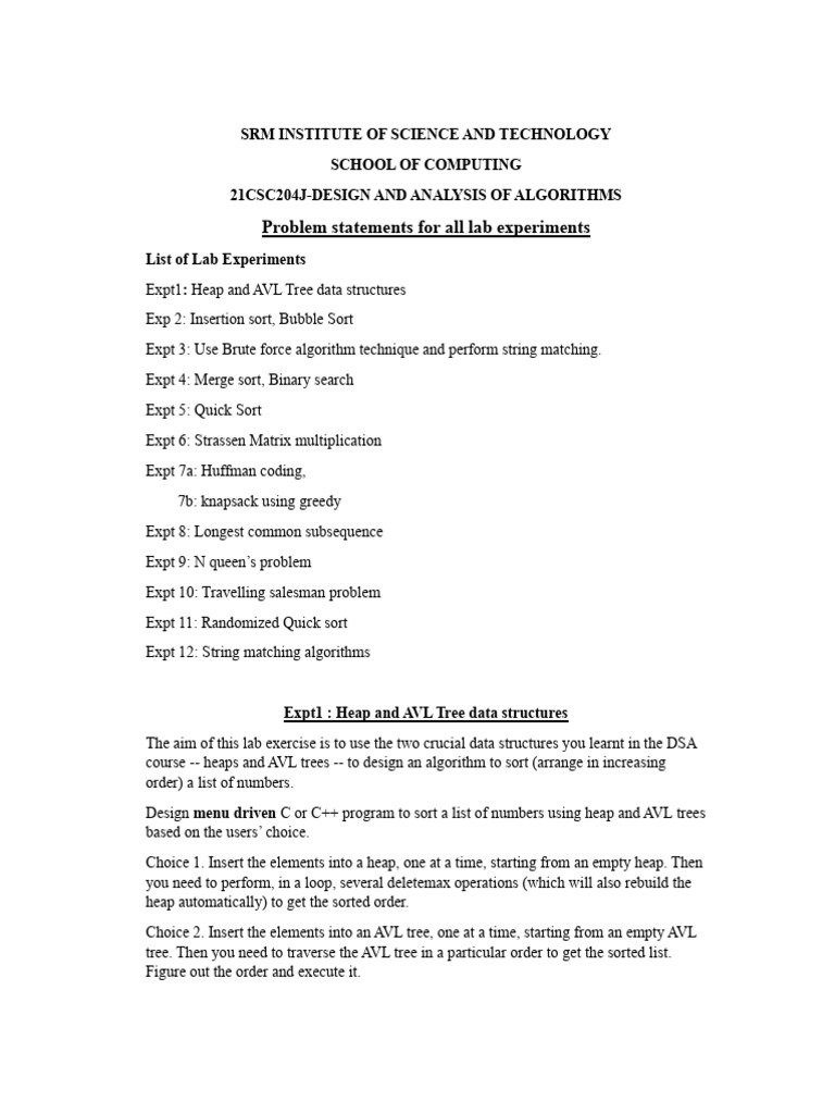 DAA Lab Problem Statements | PDF | Applied Mathematics | Computer Science