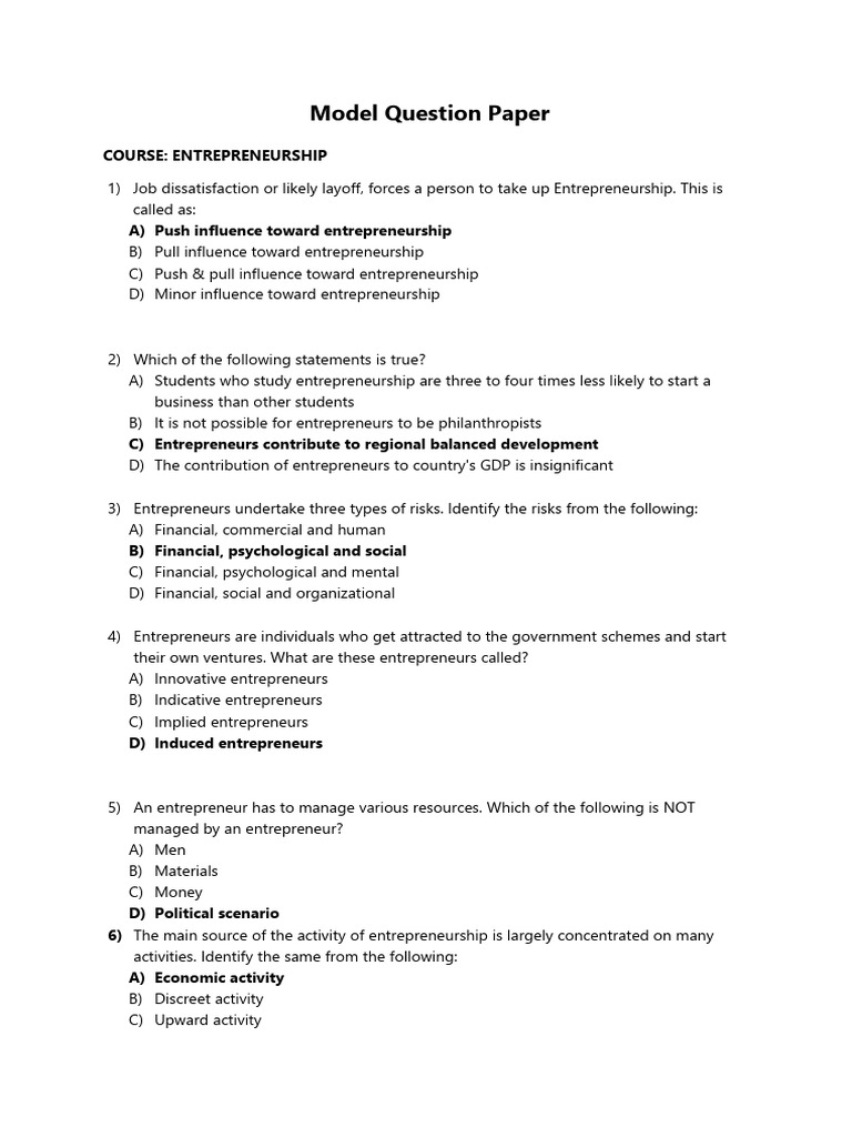 Entreprenuership Model Questions | PDF | Entrepreneurship | Marketing