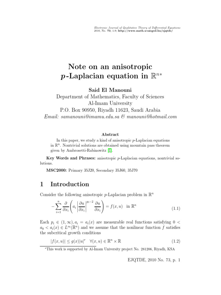 Note On An Anisotropic P-Laplacian Equation InRn | PDF | Mathematics ...