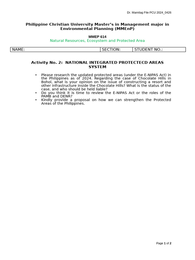 PCU MMEP BATCH 7 Activity 2 Protected Areas | PDF