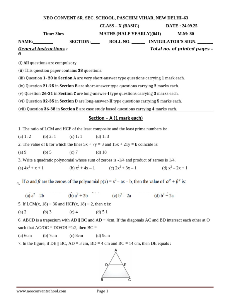 Ncs X Questions 24-09-2025 Maths | PDF | Euclidean Geometry | Mathematics