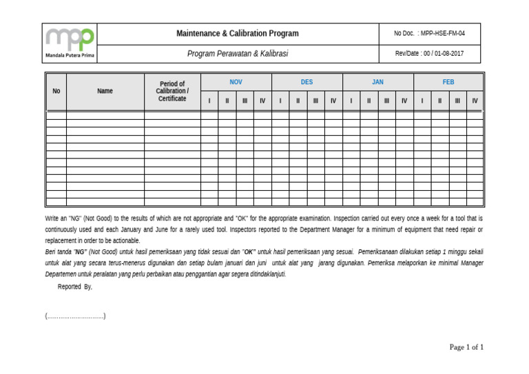MPP-HSE-FM-04 Maintenance & Calibration Program | PDF