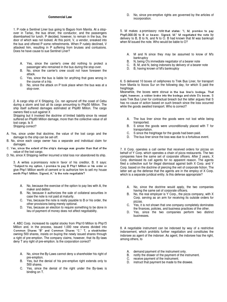 Commercial Law Bar Exam 2012 Negotiable Instrument Business Law