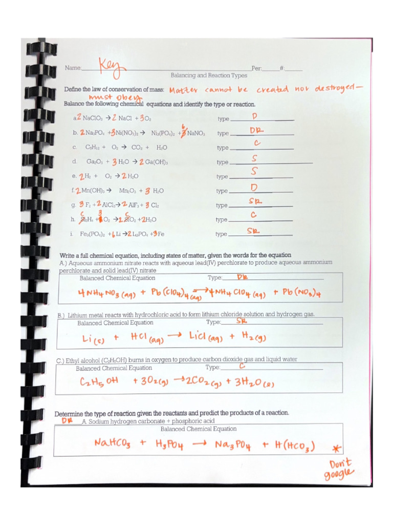 Balancing and Reaction TypesKEY | PDF