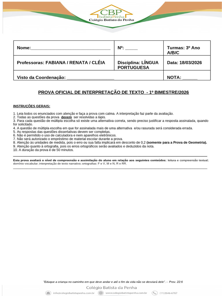 Modelo de Prova Regular - 2026 | PDF