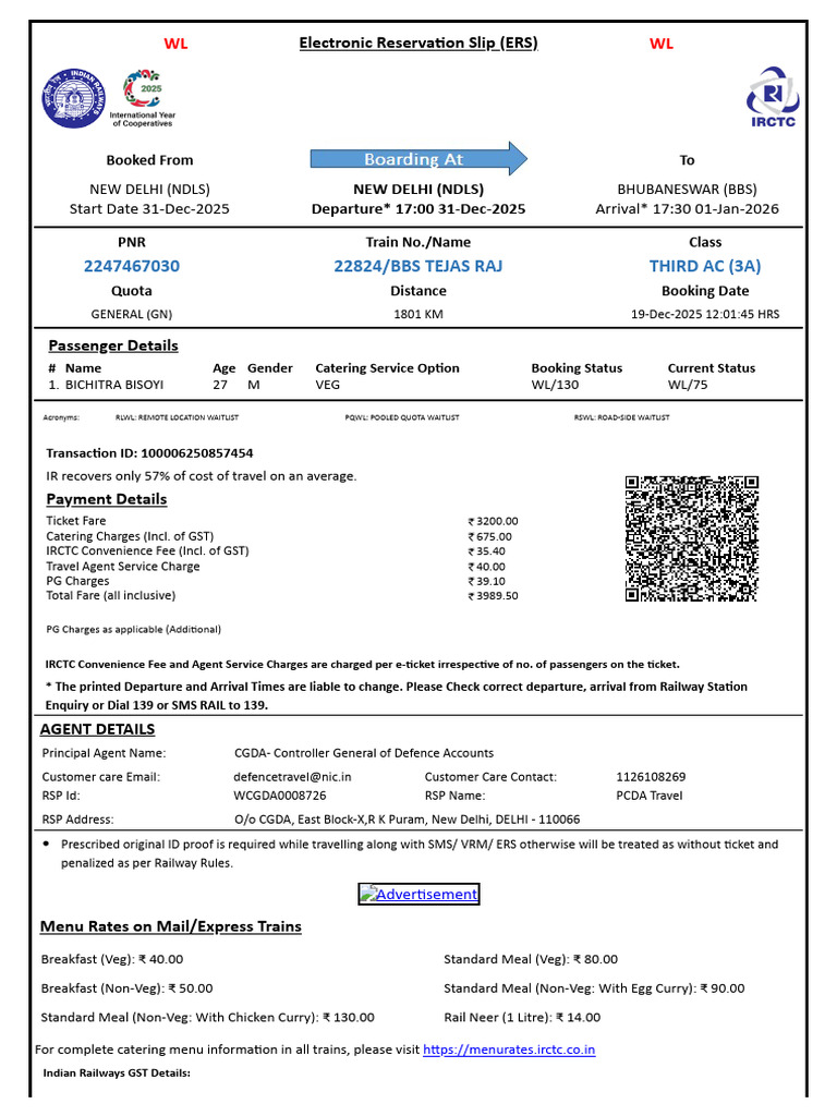 22824/Bbs Tejas Raj Third Ac (3A) : WL WL | PDF | Identity Document