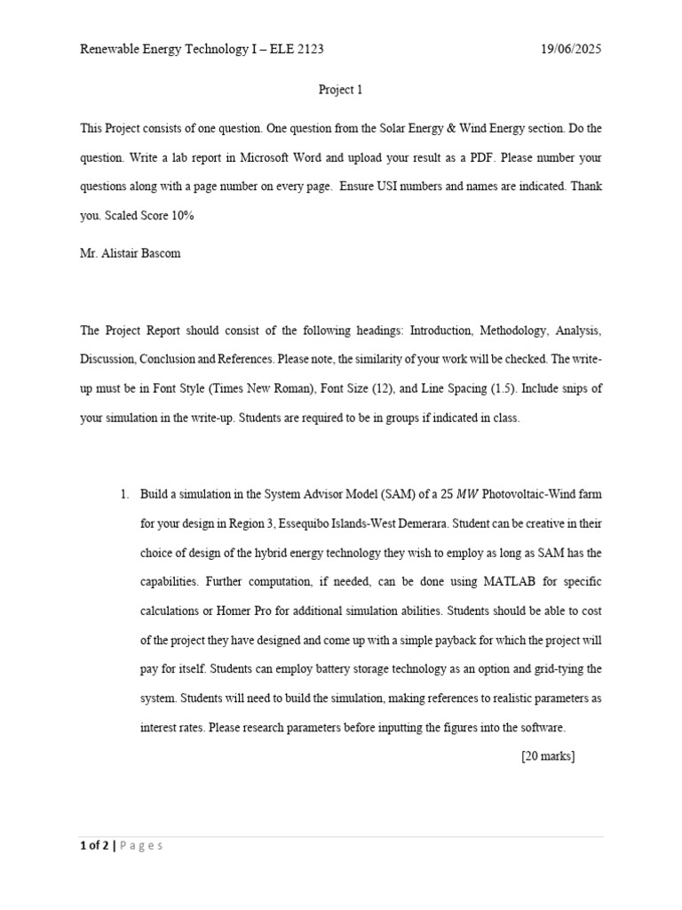 ELE 2123 Project 1 Hybrid Energy 2025-26 | PDF