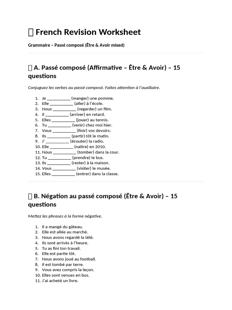 ? French Revision Worksheet | PDF | Typologie linguistique | Sémantique