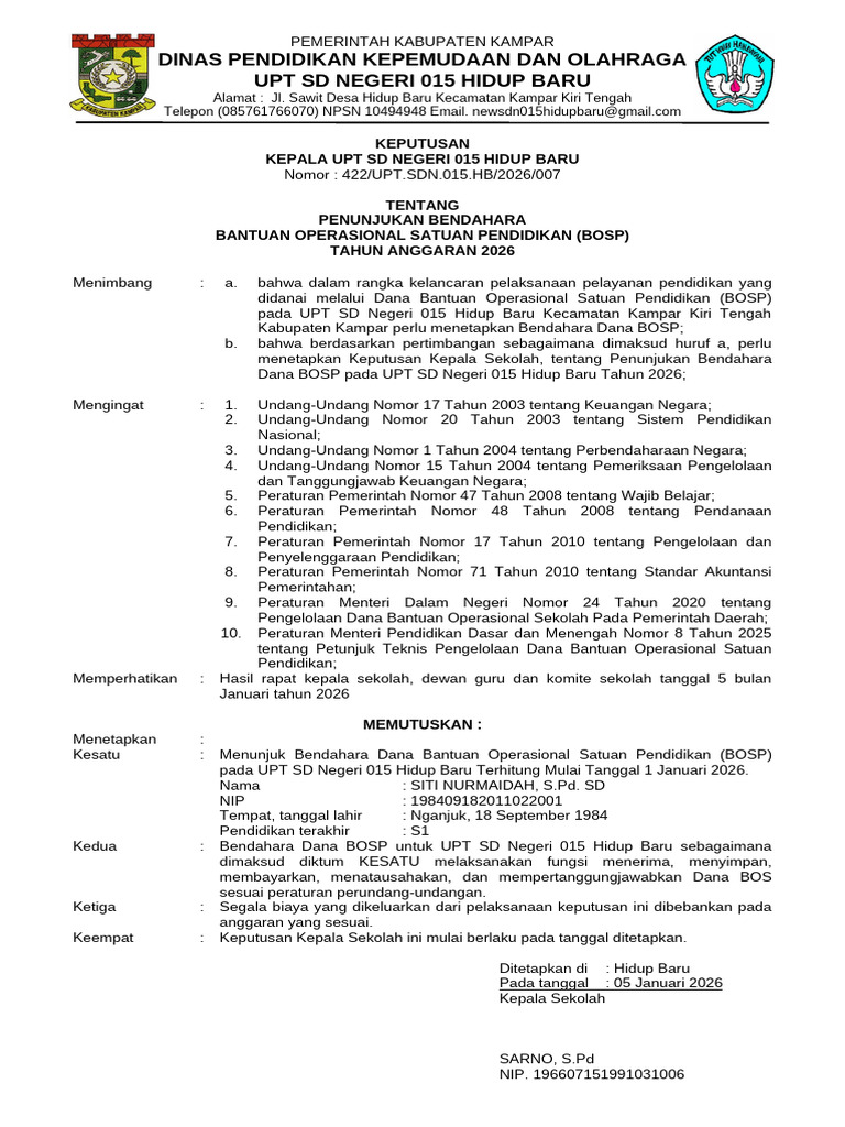 (Panduanmengajar - Com) - Contoh SK Bendahara BOS 2026 | PDF