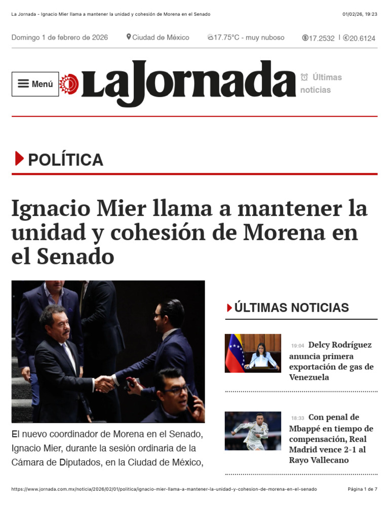 La Jornada - Ignacio Mier Llama A Mantener La Unidad y Cohesión de ...