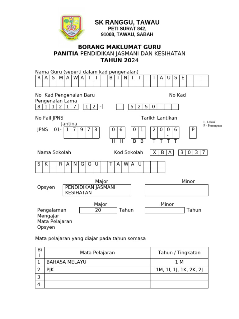 Borang Maklumat Guru SK RANGGU | PDF
