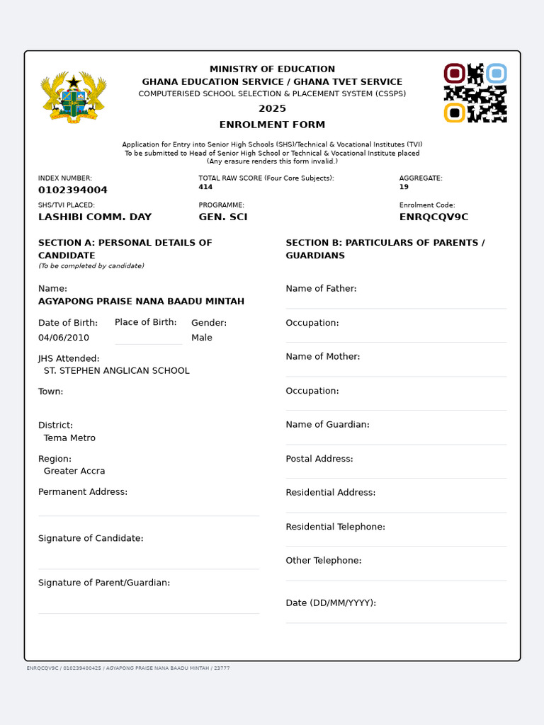 010239400425_enrolment_form | PDF | Educational Stages