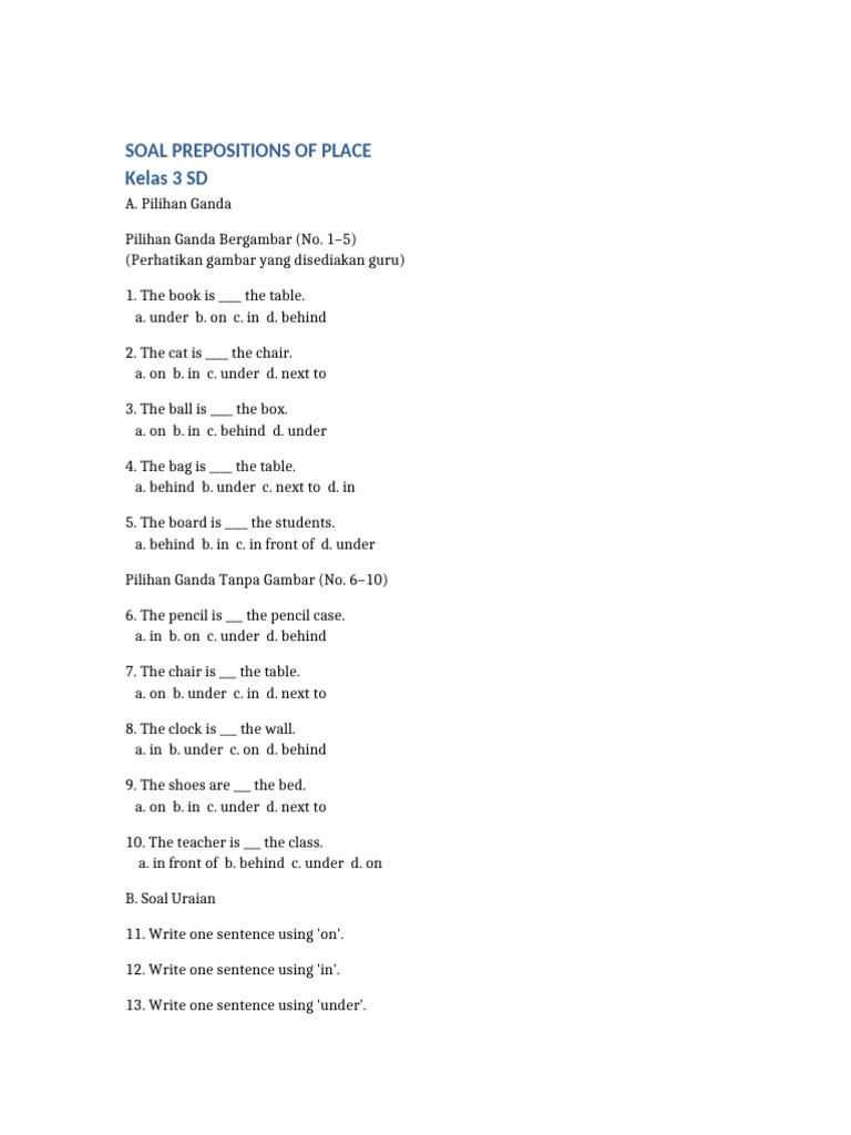 Soal Prepositions of Place Kelas 3 | PDF