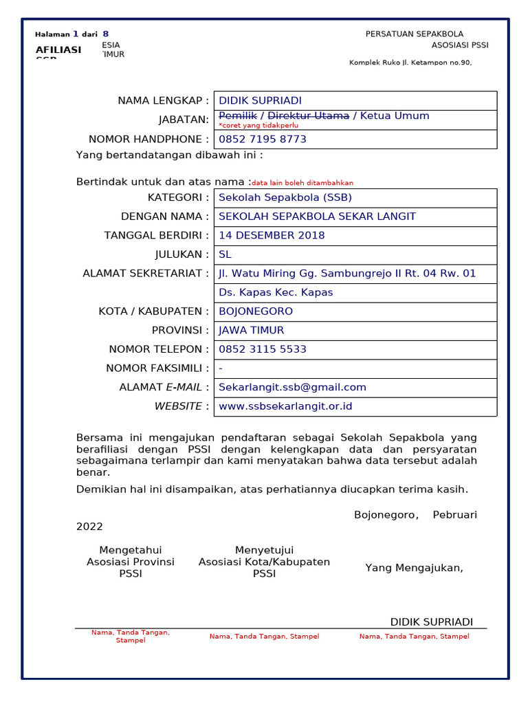 Formulir Afiliasi SSB - PSSI | PDF