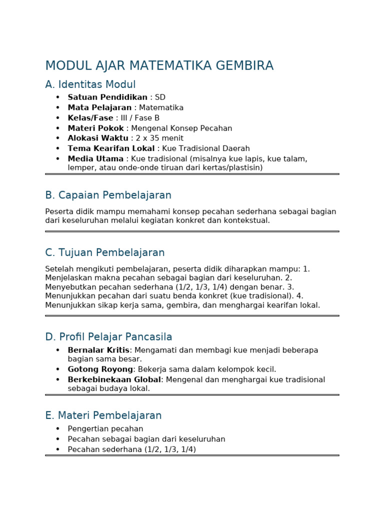 Modul Ajar Matematika Gembira - Konsep Pecahan Kelas 3 | PDF