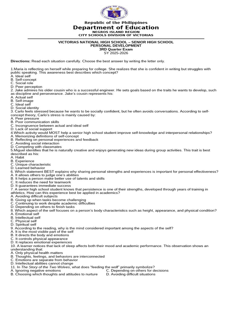 Perdev 3rd Quarter Exam Sy 25 26 | PDF | Adolescence | Emotions