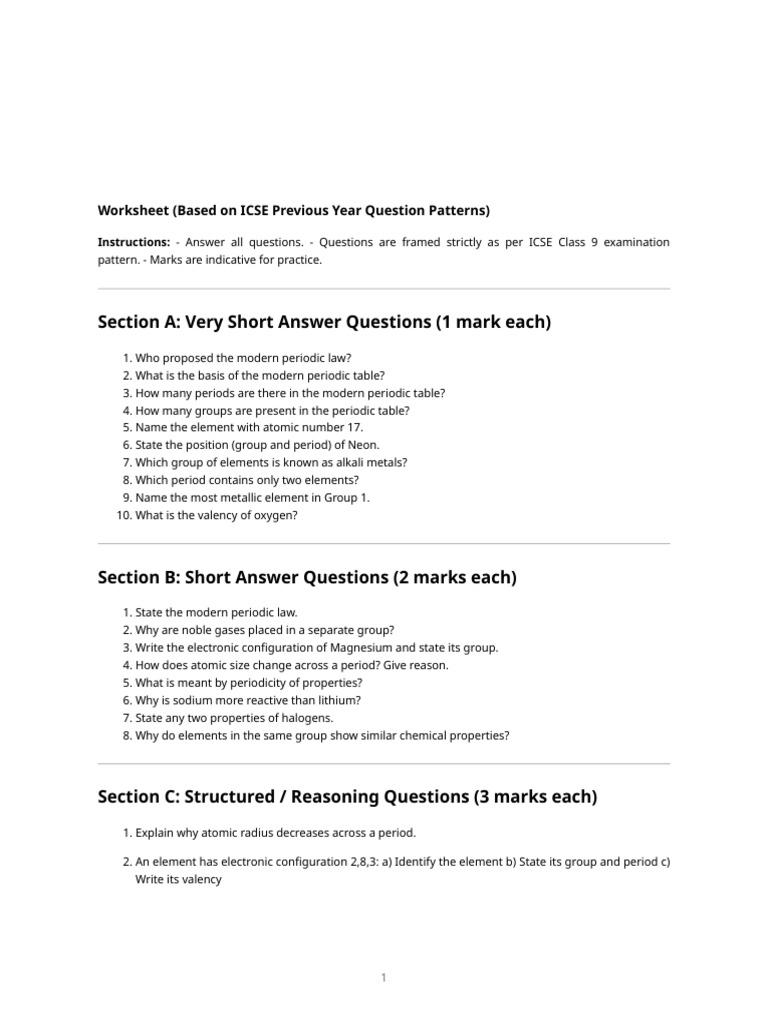 Icse Class 9 - Periodic Table Worksheet (Pyq-Based) | PDF | Periodic ...
