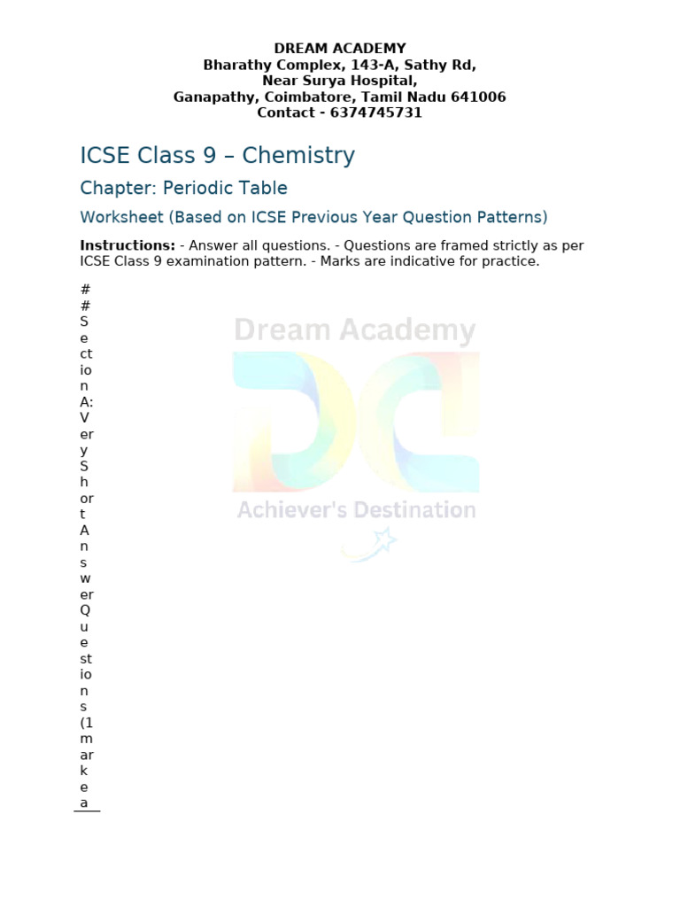Icse Class 9 - Periodic Table Worksheet (Pyq-Based) | PDF | Chemistry ...