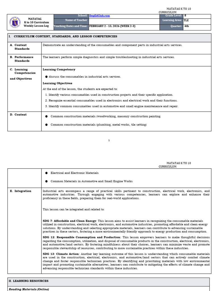DTC - DLL Matatag - Tle 8 Q4 W2 | PDF | Electrical Connector | Materials