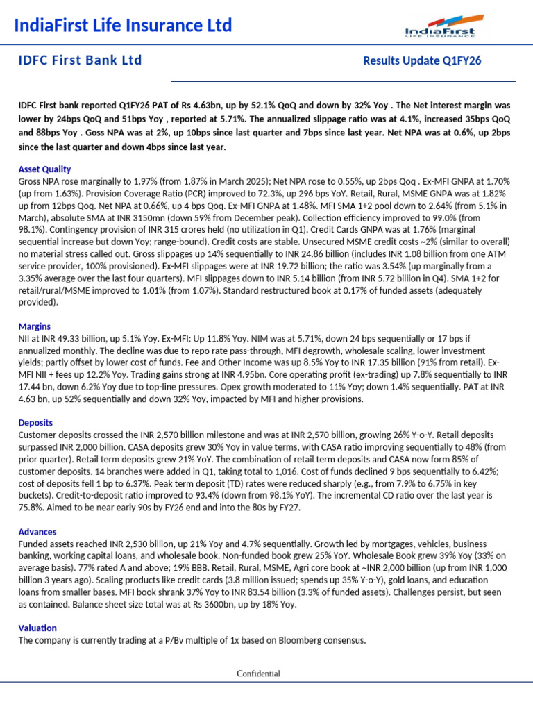 Ifli Result Note Idfcfb q1fy26 v2 | PDF | Banking | Personal Finance