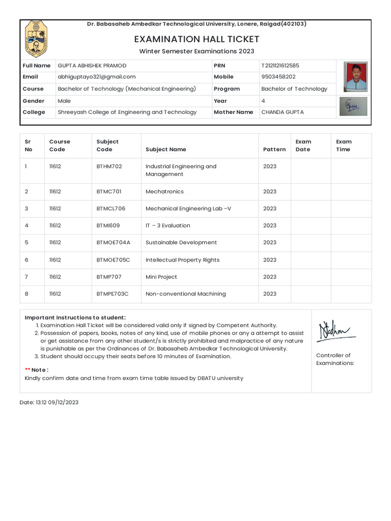 Hall Ticket 7th Sem | PDF | Engineering