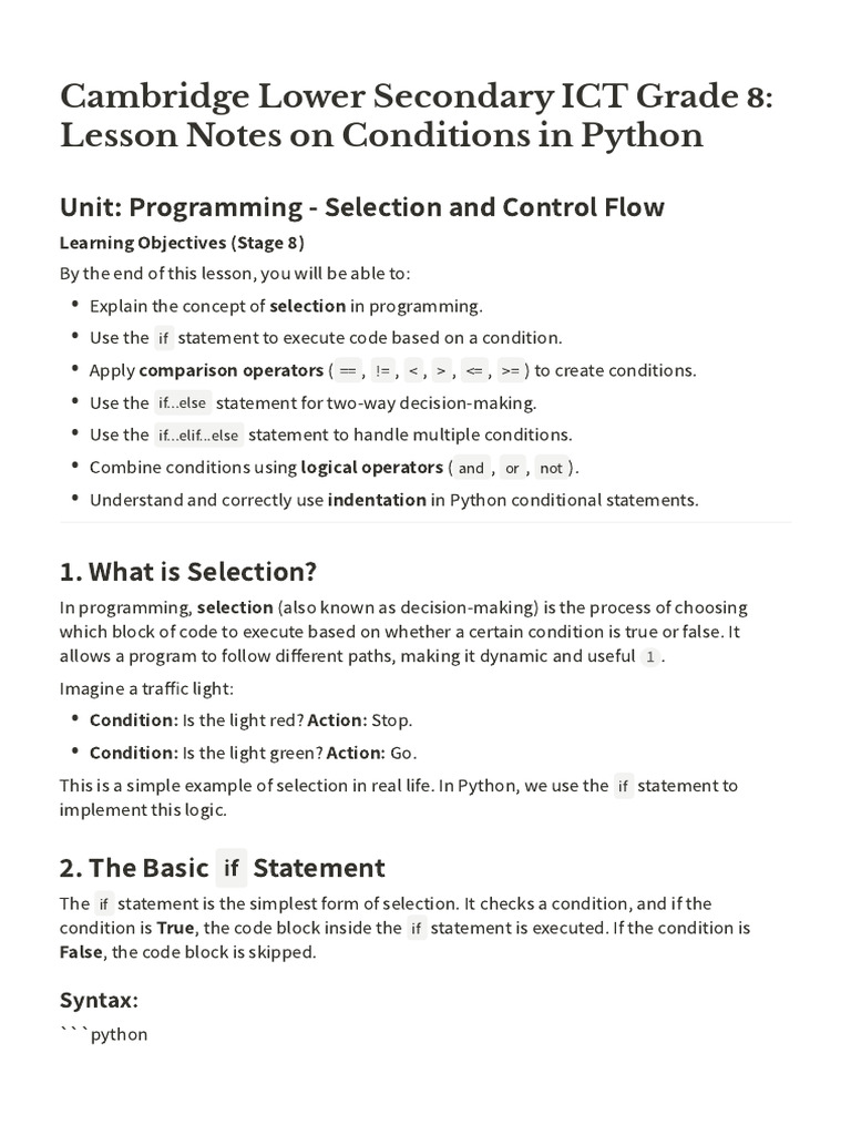 Cambridge Grade 8 ICT Lesson Notes On Conditions in Python | PDF ...