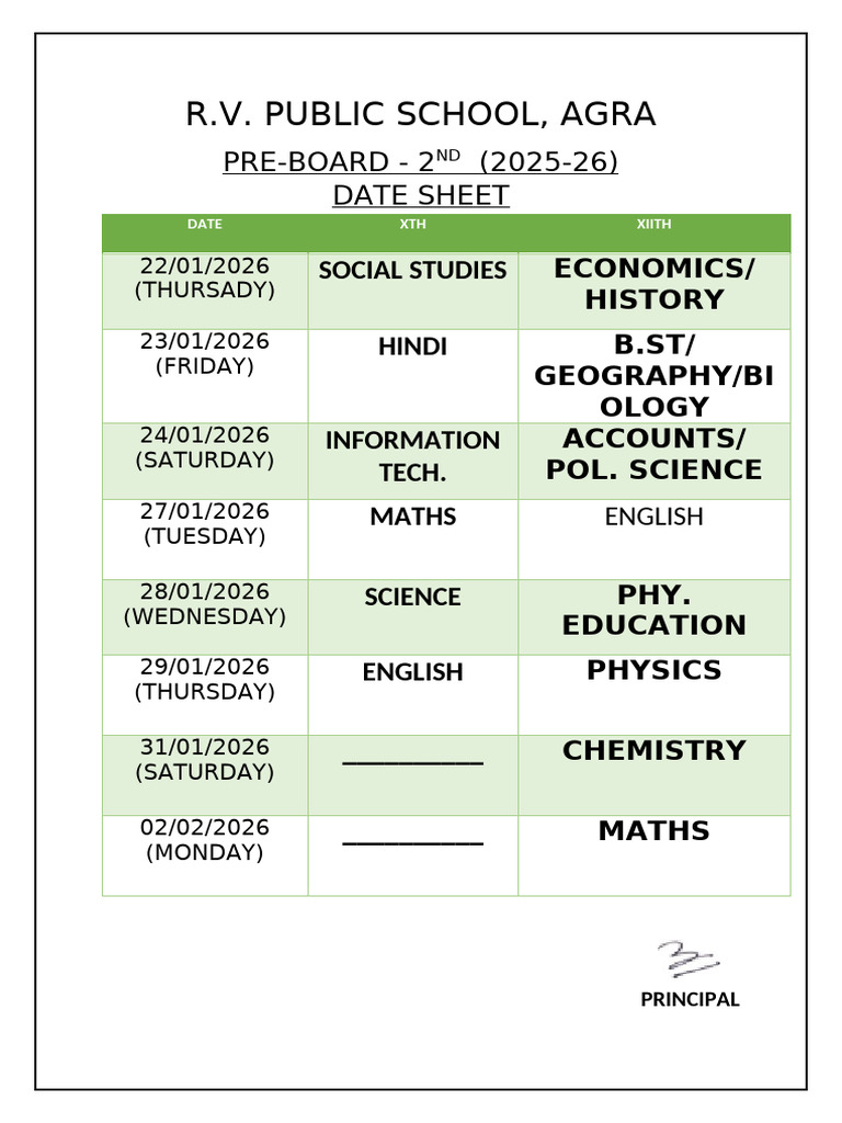 Date Sheet Pre Board 2 | PDF